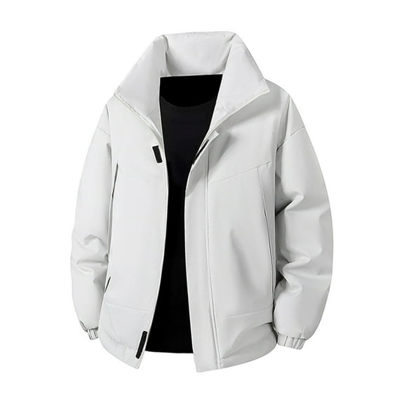 Men's Solid Color Stand Collar Windproof Jacket Thick Warm Long Sleeved Coat with Zip Pockets