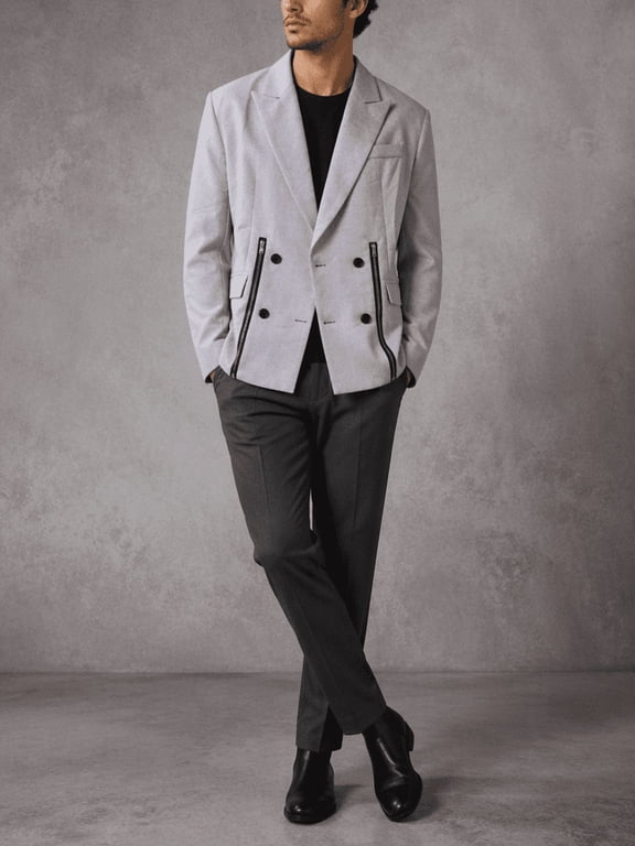 Men's Solid Color Suit Jacket with Zipper Detail and Double-Breasted Look