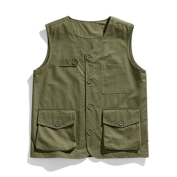 Men's Solid Color Summer Work Vest with Multiple Pockets, Button Front, and V-Neck Collar