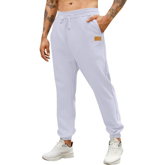 Men's Solid Color Sweatpants Athletic Drawstring Jogger Casual Lounge Pants with Pockets White 2XL