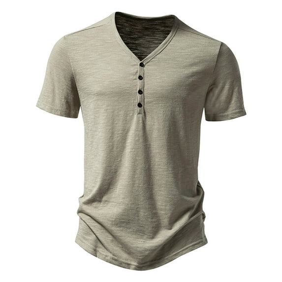 Men's Solid Color T Shirts Casual Slim Fit Tees V-Neck Button Short Sleeve Shirts, M