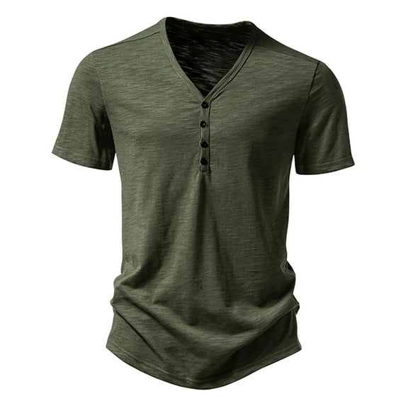 Men's Solid Color T Shirts Casual Slim Fit Tees V-Neck Button Short Sleeve Shirts, M