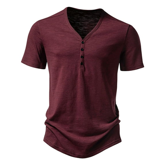 Men's Solid Color T Shirts Casual Slim Fit Tees V-Neck Button Short Sleeve Shirts, XL