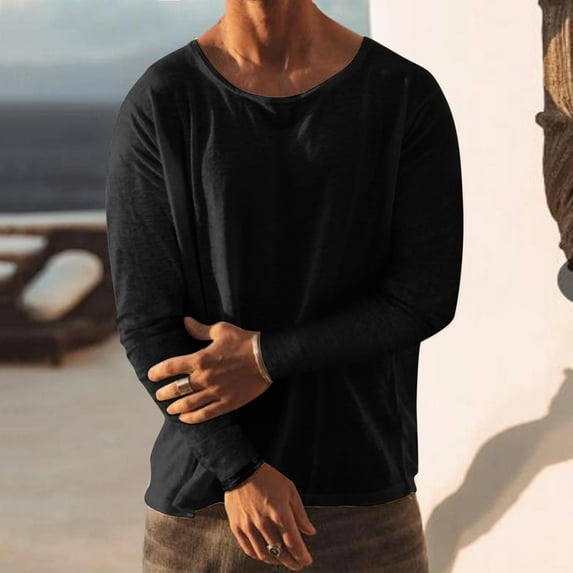 Men's Solid Color T-shirt Crew Neck Long Sleeve T Shirts Casual Basic Tops Loose Fit Tees for Fall Winter Daily Wear