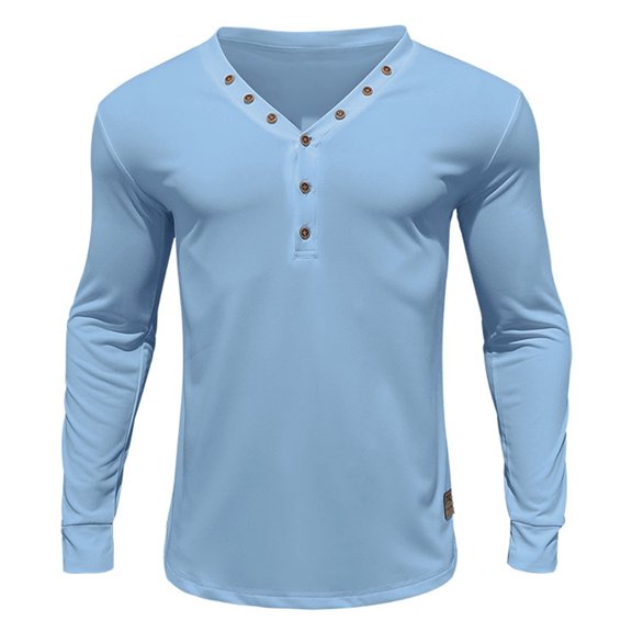 Men's Solid Color Thin Section Long Sleeve Button V-Neck Slim Fit Casual T-Shirt - Polyester, Multi-Size Available