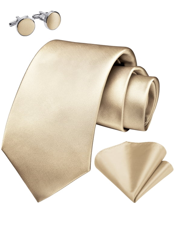 Mens Champagne Ties Satin Necktie and Pocket Square Tie Formal Cufflinks Sets for Men Wedding