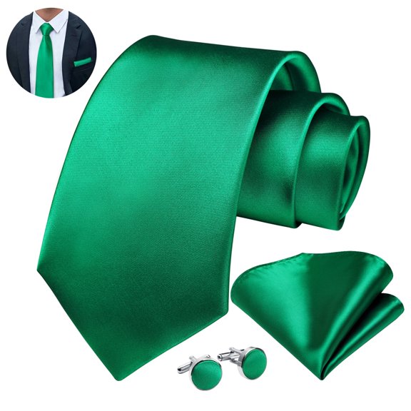 Mens Green Ties Formal Necktie and Pocket Square Cufflinks Sets Solid Color Satin Neckties Wedding