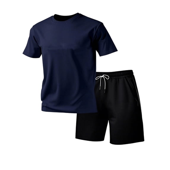 Men's Solid Color Two Piece Set Short Sleeve T-Shirt & Drawstring Shorts Mathcing Set Casual Summer Workout Sets Navy L