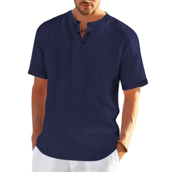 Men's Solid Color V-Neck Button-Up Casual Shirt, Loose Fit and Breathable Fashion Top