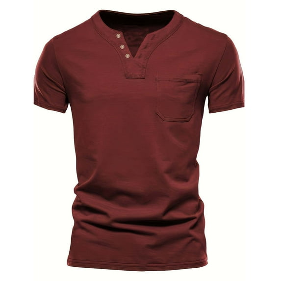 Men's Solid Color V-Neck Pocket T-Shirt for Casual Wear and Daily Comfort
