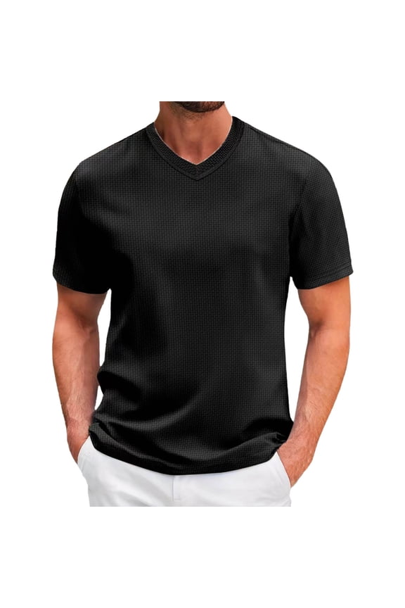 Men's Solid Color V Neck Short Sleeve Summer Sports Blouse - Rounded Hem, Long Back Tail, Soft Polyester, Hand Wash - S-XXXL