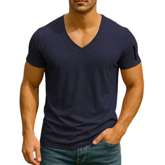 Men's Solid Color V-Neck T-Shirt Short Sleeve Casual Top Soft & Lightweight For Spring And Summer Daily Wear Basic Clothing,Navy,XL
