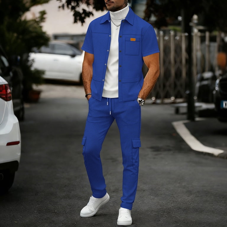 Men's Solid Color Waffle Knit Button-Down Shirt and Cargo Pants Set, Short Sleeve Top with Utility Bottoms, Casual Two-Piece Outfit with Chest Pocket for Daily Wear Blue XL