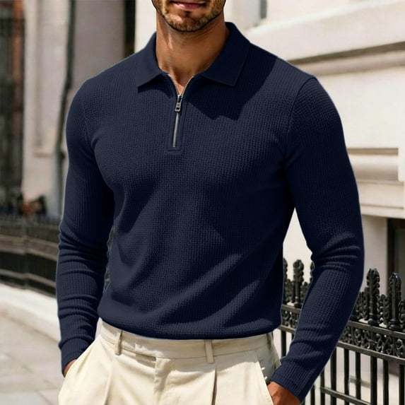 Men's Solid Color Waffle Knit Quarter Zip Pullover Long Sleeve Polo Sweater Slim Fit Casual Tops, M