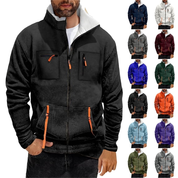 Men's Solid Color Waterproof Jacket Men's Casual And Fashionable Solid Color Long Sleeved Stand Collar Zipper Pocket Blouse/Shirt Black S