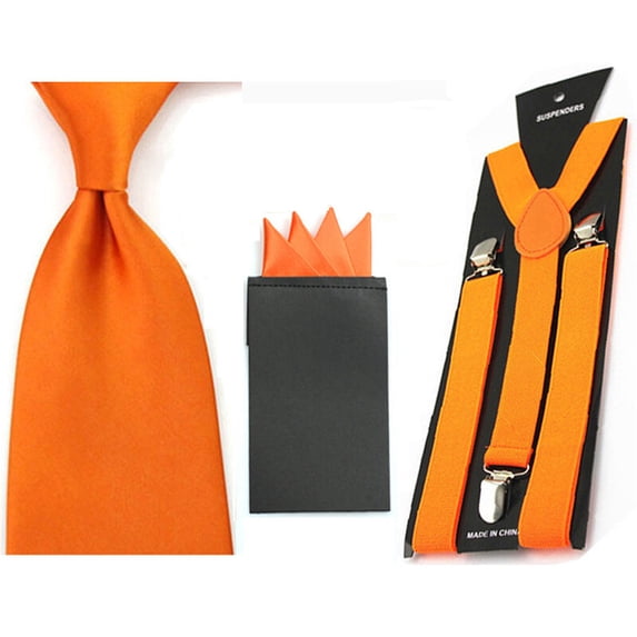 Men's Solid Color Wide Necktie Wedding Handkerchief Pocket Square Braces Set