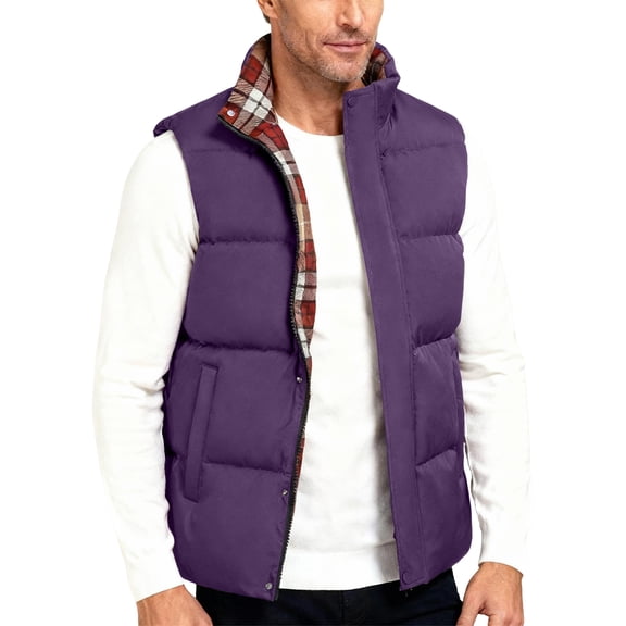 Men's Solid Color Winter Quilted Vest Stand Collar Thick Sleeveless Jacket with Pockets Outdoor Warm Gilet Purple Size L