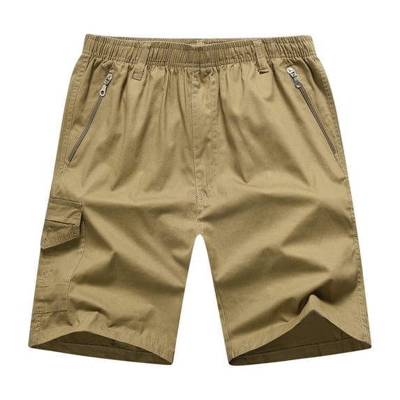 Men's Solid Color Workwear Shorts Outdoor Casual Elastic Waist Straight Shorts with Multi Pocket
