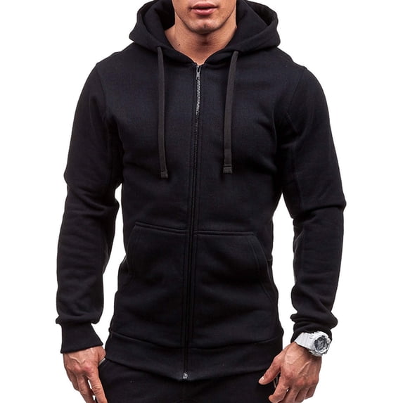 Men's Solid Color Zip Up Hoodie Classic Winter Hooded Sweatshirt Jacket Coat Top