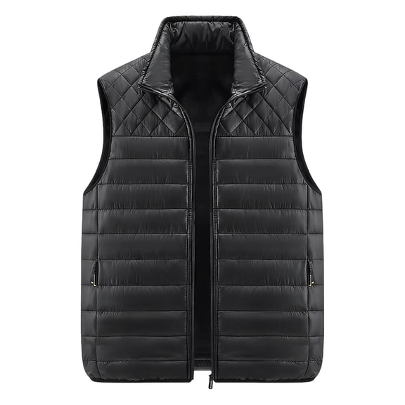 Men's Solid-Colored Fleece-Lined Zip-Up Vest, Stand Collar Sleeveless Outdoor Casual Warm Outerwear, Black, XXXL