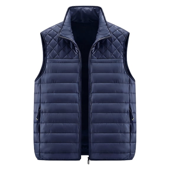 Men's Solid-Colored Fleece-Lined Zip-Up Vest, Stand Collar Sleeveless Outdoor Casual Warm Outerwear, Blue, XL