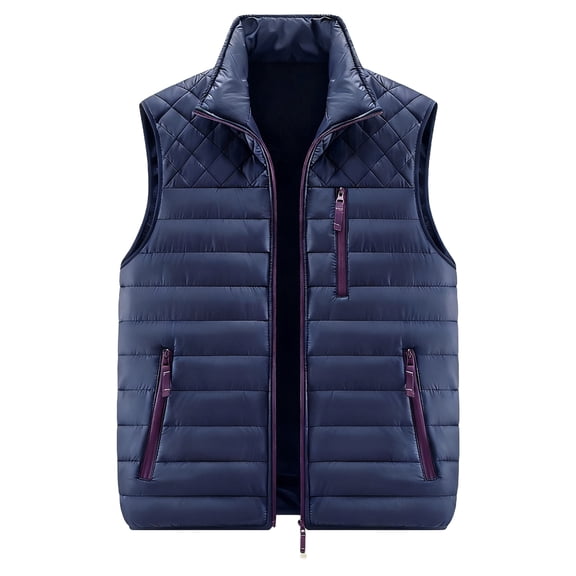 Men's Solid-Colored Fleece-Lined Zip-Up Vest, Stand Collar Sleeveless Outdoor Casual Warm Outerwear, Blue, XXXL