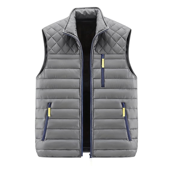 Men's Solid-Colored Fleece-Lined Zip-Up Vest, Stand Collar Sleeveless Outdoor Casual Warm Outerwear, Gray, L