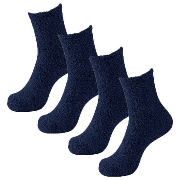 Men's Solid Colors Fuzzy Socks 2 Pairs, Winter Warm Coral Fleece Slipper Socks for Indoor Use, Soft Cabin Stockings for Home, Cozy Non-Slip Floor Socks for Sleeping, Medium Crew Socks for Men - Navy