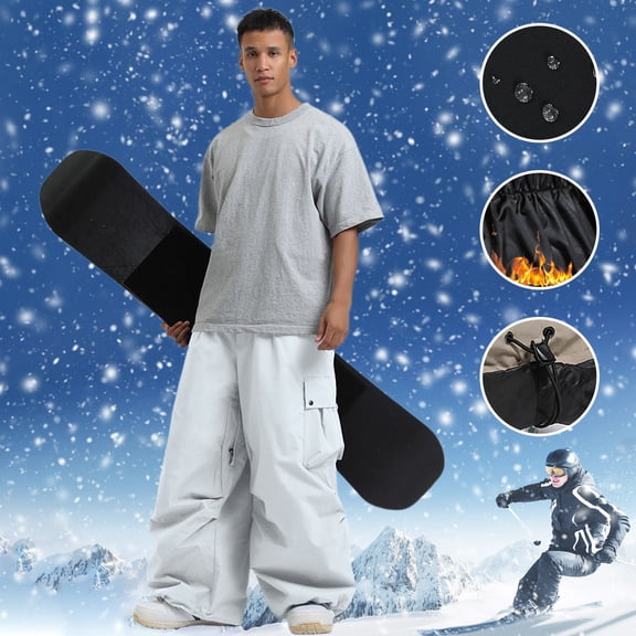 Men's Solid Colour Windproof Winter Outdoor Warm Thickened Double Shoulder Ski Trousers Sport Comfort Trousers With Side Pockets