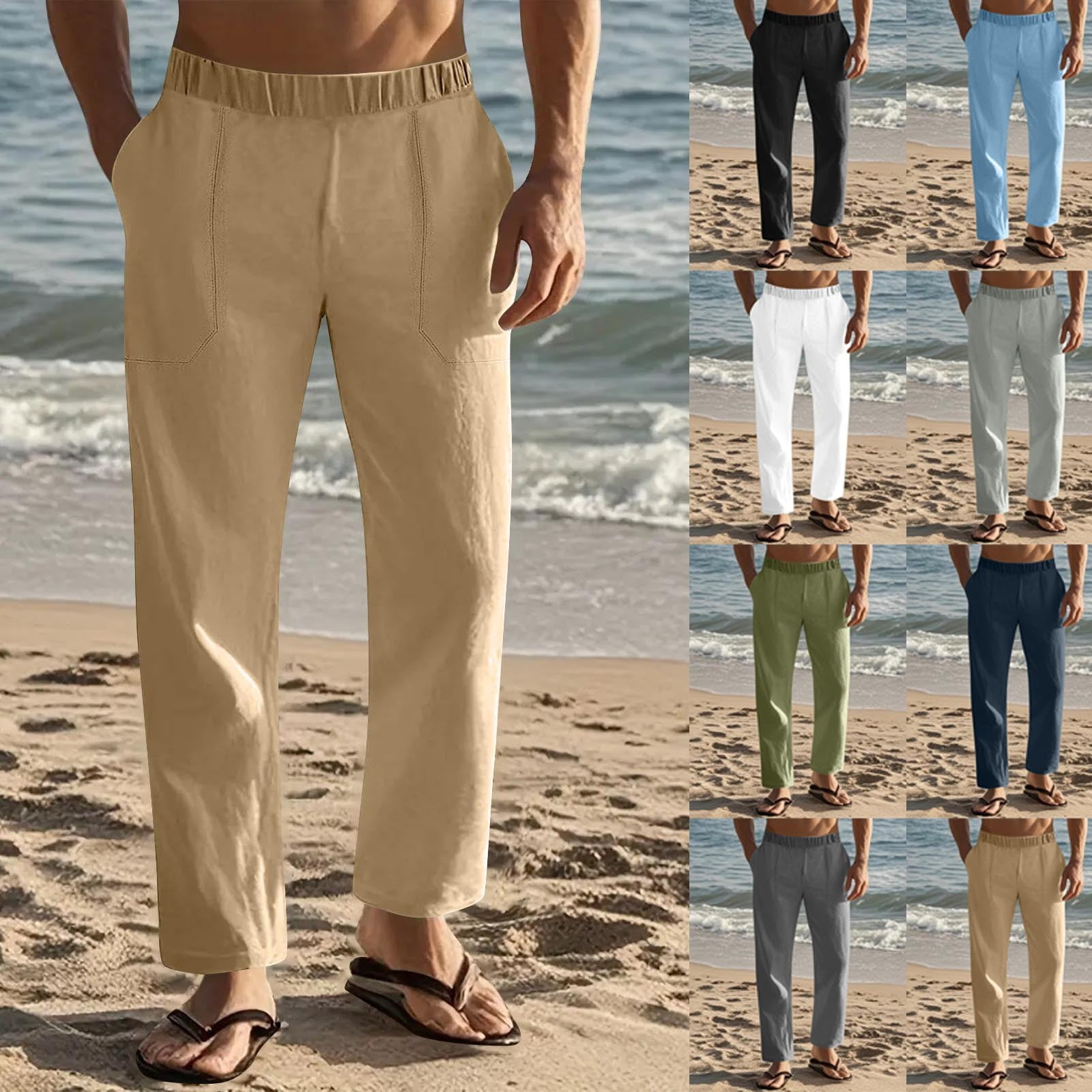 Men's Solid Cotton Linen Pants Casual Elastic Waist Pants Straight Leg ...