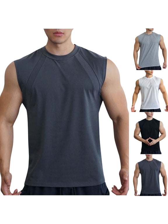 Men's Solid Cotton Muscle Tank Top, Sleeveless Vest Stringer Beater, Crewneck Fine Strip Breathable, Quick Dry Cooling Gym Workout Casual Daily Streetwear Essentials Gift for Him