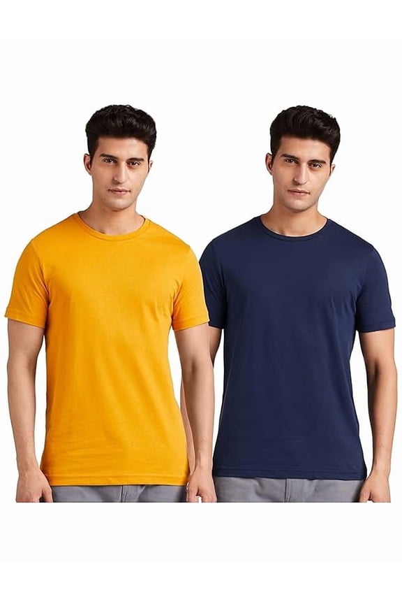 Men's Solid Cotton T-Shirt, Set of 2 - Round Neck Regular Fit Plain Tees (Yellow & Navy Blue), Size Medium