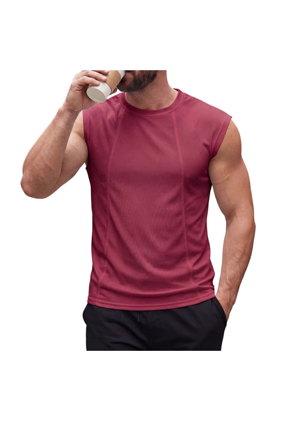 Men's Solid Crew Neck Wide Shoulder Mesh Sleeveless Tank Top, Breathable Casual Summer Athletic Muscle Gym Vest Red