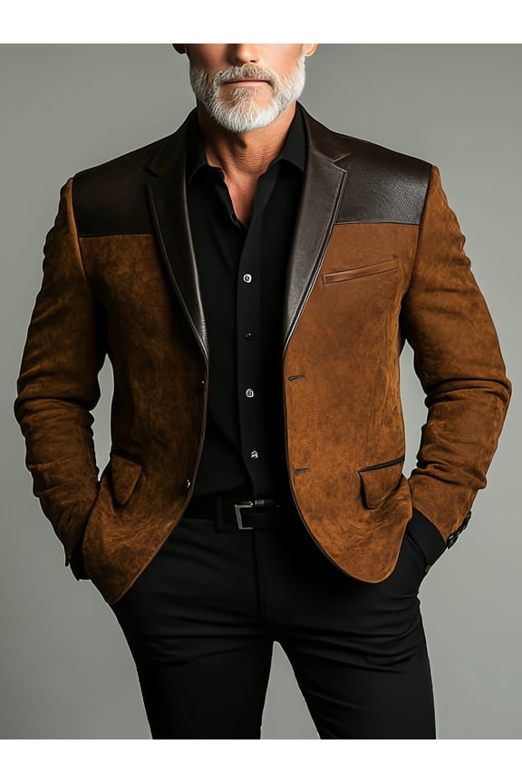 Men's Solid Faux Suede Blazer, Quilted Leather Patchwork Single-Breasted Slim Fit Notch Lapel Sport Coat