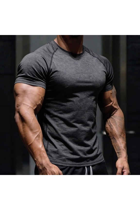 Men's Solid Fitness Tight Short Sleeve Top, Athletic Compression Gym Tee, Breathable Quick-Dry Round Neck Sportswear for Bodybuilding Running,Black,L