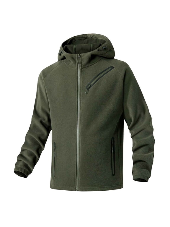 Men's Solid Fleece Jacket Full Zip Hooded Jacket, Winter Warm Polar Fleece Outdoor Coat with Multi Zipper Pockets