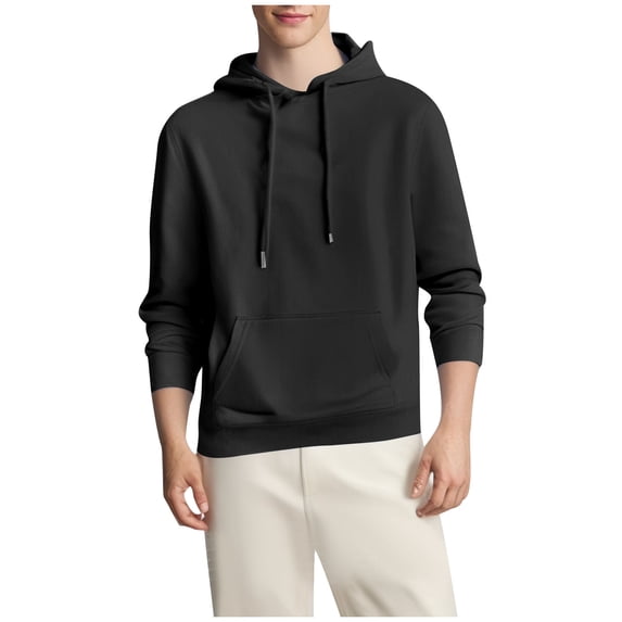 Men’s Solid Fleece Long Sleeve Hooded Sweatshirt With Multi Side Pockets, Warm Loose Athletic Pullover Hoodie Casual Sports Outerwear Coat Black M