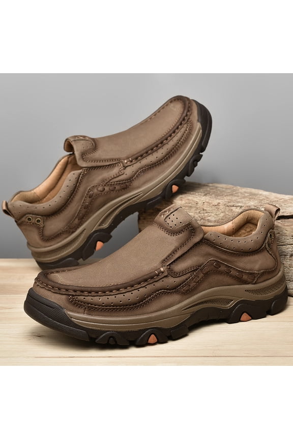 Men's Solid Full Grain Cowhide Slip On Casual Leather Shoes, Shock Absorbing Flat Round Toe Daily Walking Footwear for Spring
