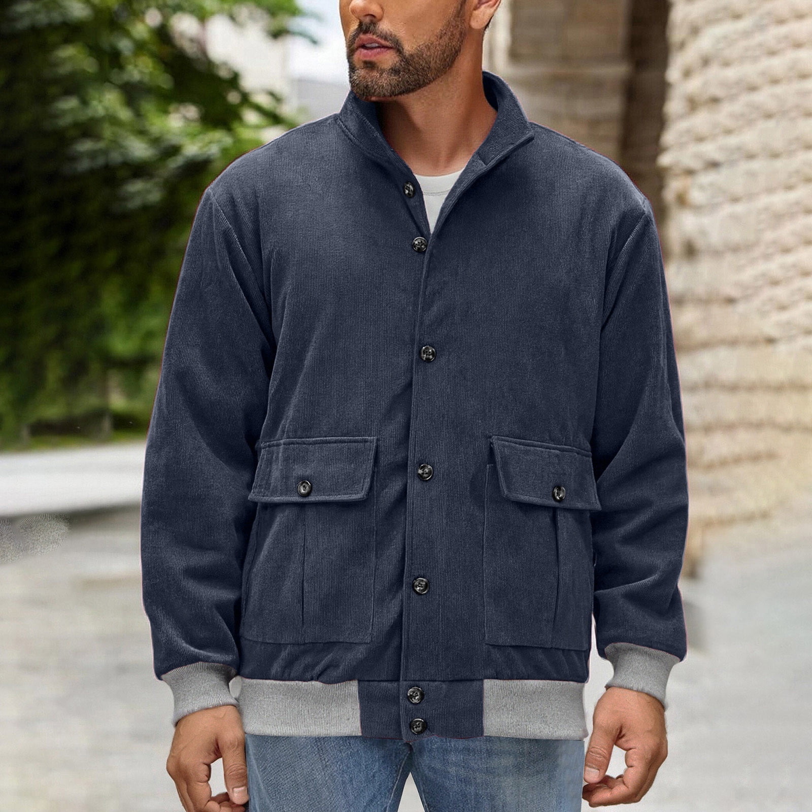 Men's Solid Jacket, Long Sleeve Stand Collar with Zipper Pockets