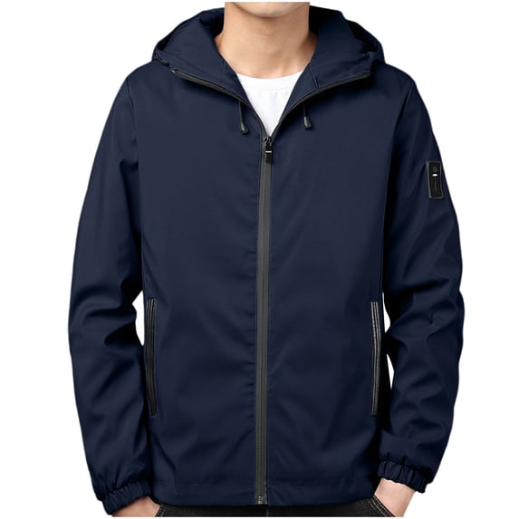 Men's Solid Jackets Hooded Windbreaker Long Sleeve Outdoor Jackets with Hidden Zipper Pockets Commute Travel Hiking Jacket Dark Blue XL