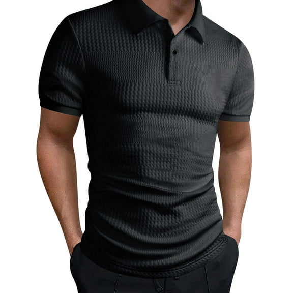 Men's Solid Knit Polo Shirt Short Sleeve Slim Fit Button Front Collared Golf Tennis Casual Work Top