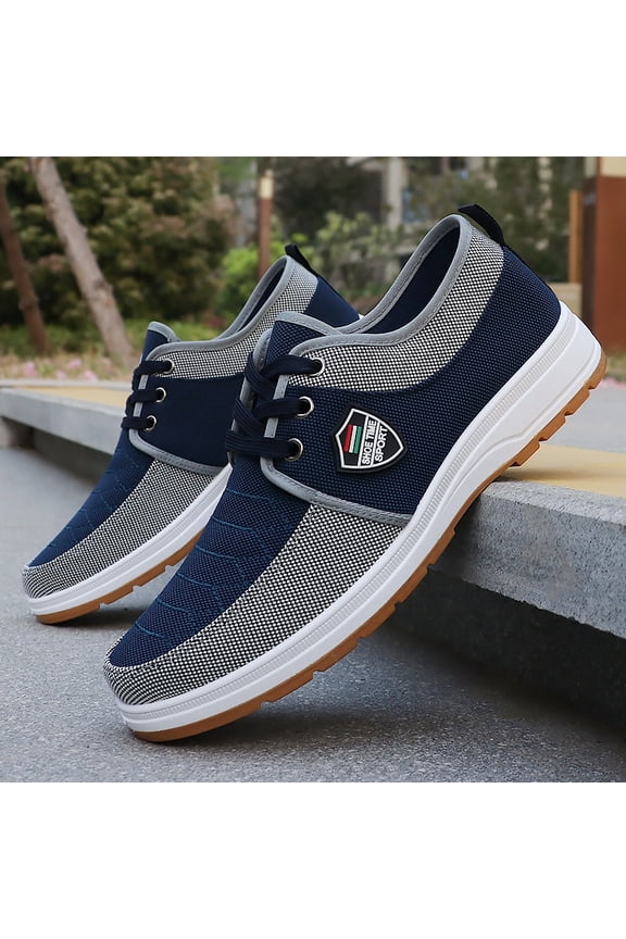 Men's Solid Lace-Up Casual Sneakers - Lightweight Breathable Fabric Upper & Daily Wear - Navy Blue, Daily Wear Footwear & PU Sole, Low-Top Round Toe for All-Season Training, Hiking, Outdoor