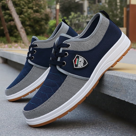 Men's Solid Lace-Up Casual Sneakers - Lightweight Breathable Fabric Upper & Daily Wear - Navy Blue, Daily Wear Footwear & PU Sole, Low-Top Round Toe for All-Season Training, Hiking, Outdoor
