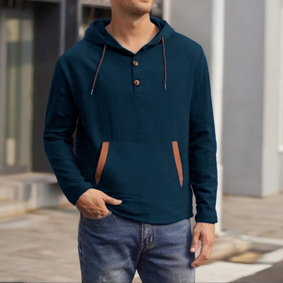 Men's Solid Long Sleeve Hooded Drawstring Casual Tee