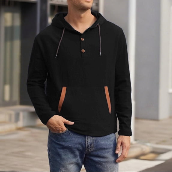 Men's Solid Long Sleeve Hooded Drawstring Casual Tee