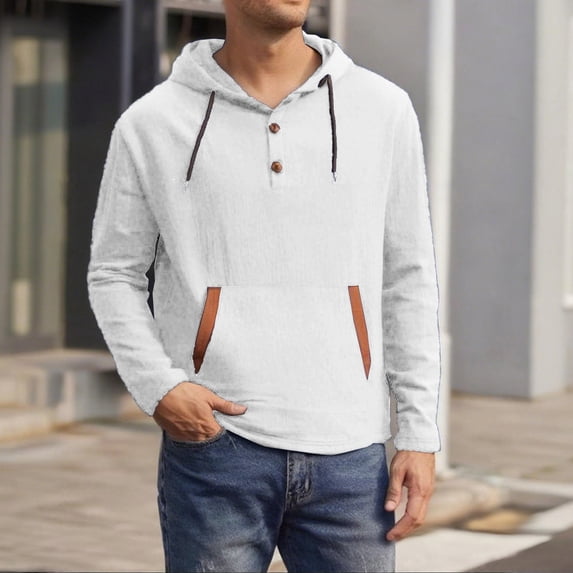 Men's Solid Long Sleeve Hooded Drawstring Casual Tee
