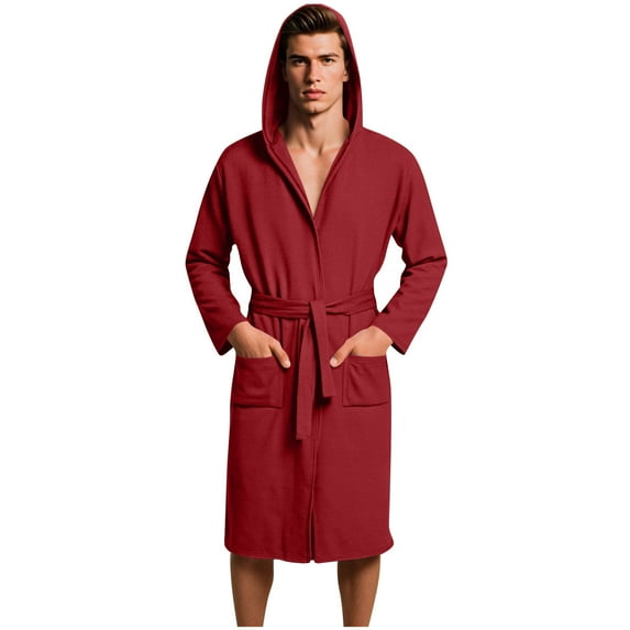 Men’s Solid Long Sleeve Hooded Sweatshirts Bandage Bathrobe Robes Plush Soft Relaxed Fit Thermal Long Bathrobe Athletic Stretch Long Towel Robe with Pockets for Mens
