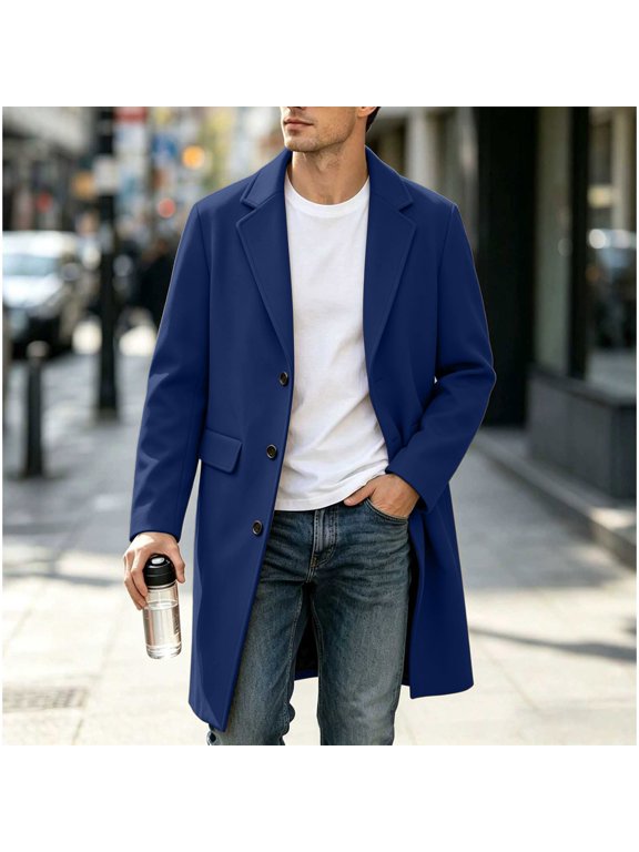 Men's Solid Notched Lapel Long Wool Blend Overcoat with Button Front