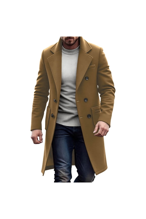Men's Solid Overcoats Double Breasted Open Front Maxi Coat Windproof Long Fall Winter Formal Coats Khaki M