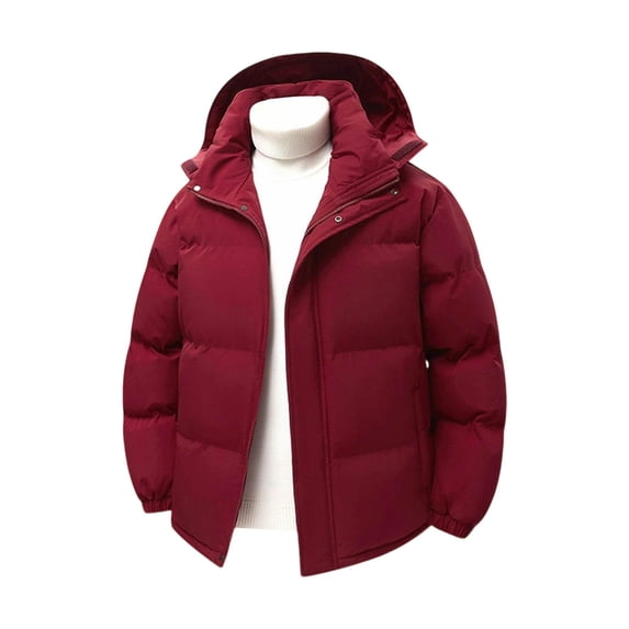 Men's Solid Padded Jacket Thickened Zip Pockets Jacket Warm Long Sleeve Coat With Removable Hood Wine M